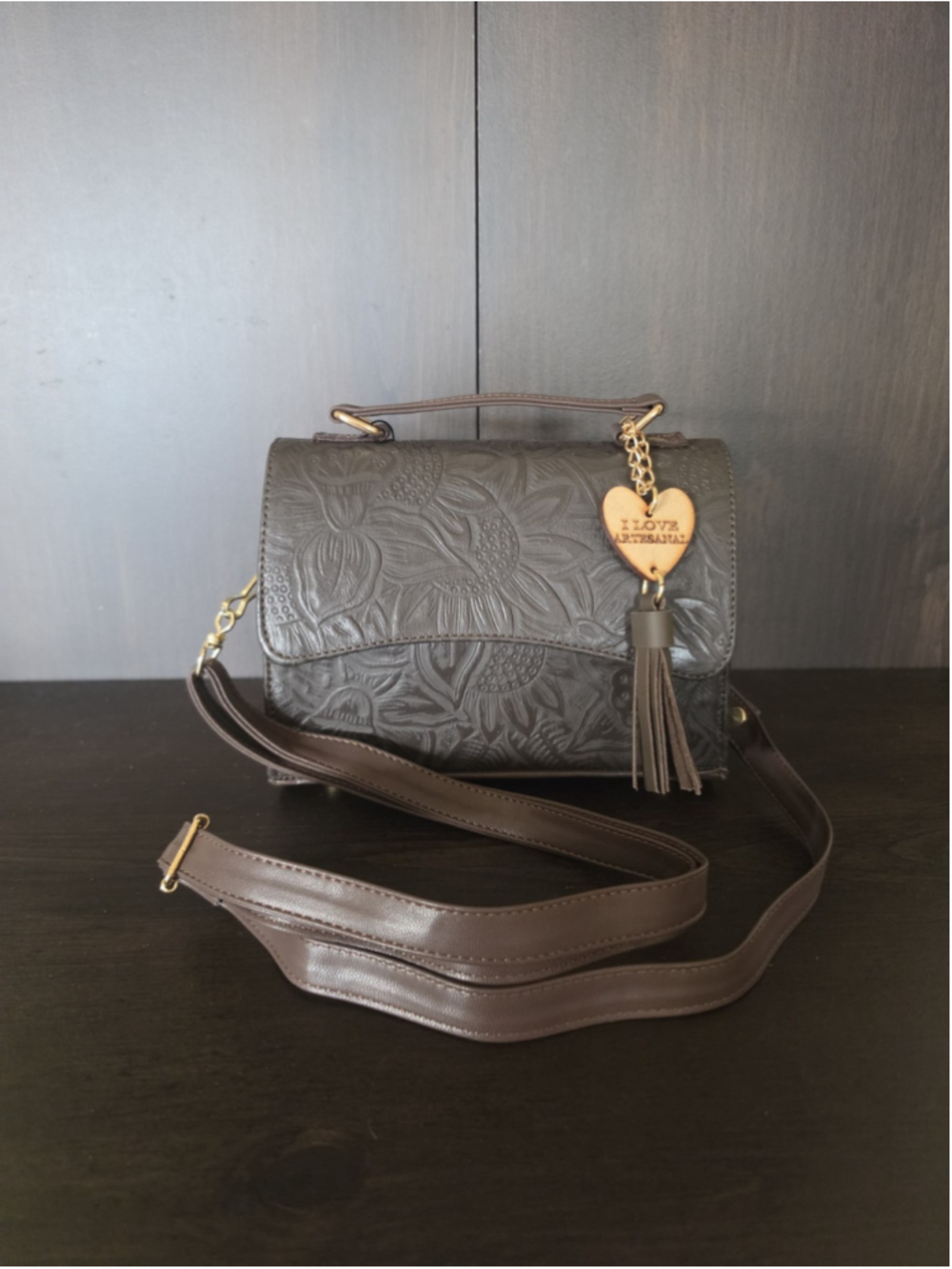 Dark Chocolate Brown Sunflower Embossed Tooled Artisan Leather Crossbody Bag - Picture 15 of 16